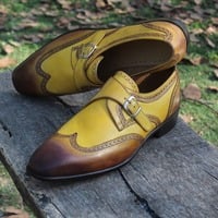 Crafted Leather Tan Brown Single Monk Strap Wingtip Dress Shoes - Thumbnail 4