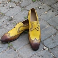 Crafted Leather Tan Brown Single Monk Strap Wingtip Dress Shoes - Thumbnail 6