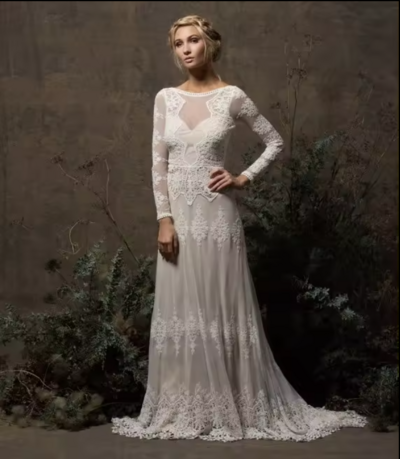 Scoop Neck Backless Beach Lace Sweep Train Boho Full Sleeve Bride Gown Wedding Dress Bride Dress,1758