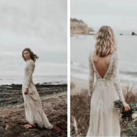 Scoop Neck Backless Beach Lace Sweep Train Boho Full Sleeve Bride Gown Wedding Dress Bride Dress,1758 - Thumbnail 1