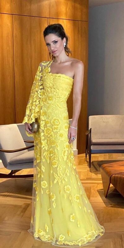Yellow Lace Appliques Mother of The Bride Groom Dresses Party Gowns Evening Dress vestidos