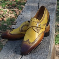 Crafted Leather Tan Brown Single Monk Strap Wingtip Dress Shoes - Thumbnail 2
