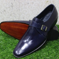 New Mens Handmade Shoes Monk Moccasins Navy Blue Leather Single Buckle Dress Boots - Thumbnail 1