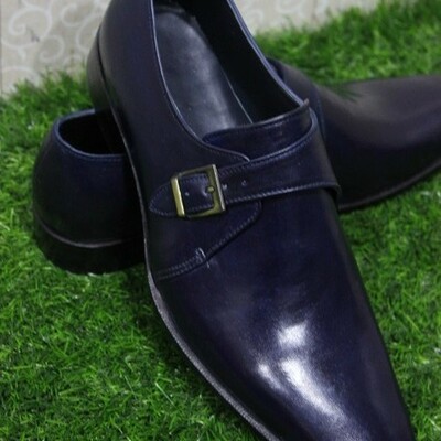 New mens handmade shoes monk moccasins navy blue leather single buckle dress boots - Thumbnail 1