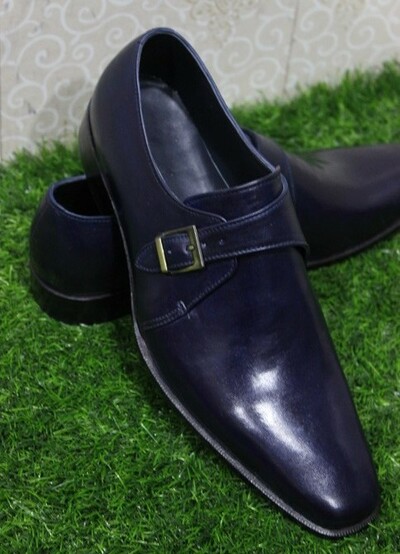 New Mens Handmade Shoes Monk Moccasins Navy Blue Leather Single Buckle Dress Boots