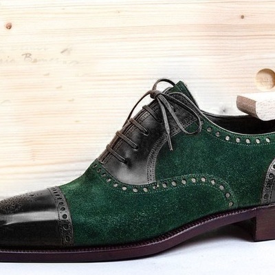 New men’s handmade green & black two tone leather & suede cap toe style fashion dress & formal boots - Thumbnail 1