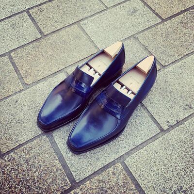 Loafer in blue calf with the strap blue crocodile texture moccasin formal dress shoes - Thumbnail 1