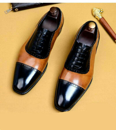 Handmade Mens Tan And Black Two Tone Leather Shoes, Fashion Formal Leather Shoes