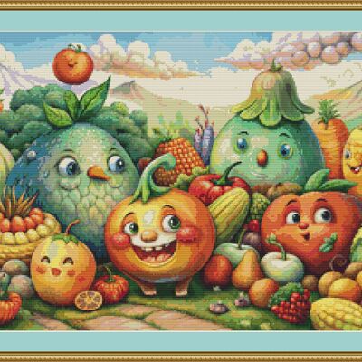 Happy fruit and vegetables cross stitch pattern