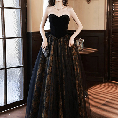 Black strapless velvet tulle long prom dress - Thumbnail 1