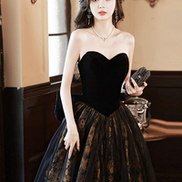 Black Strapless Velvet Tulle Long Prom Dress - Thumbnail 1