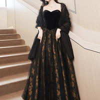 Black Strapless Velvet Tulle Long Prom Dress - Thumbnail 3