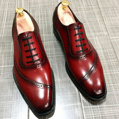 Luxury men's fashion shoes handmade genuine burgundy leather formal dress shoes