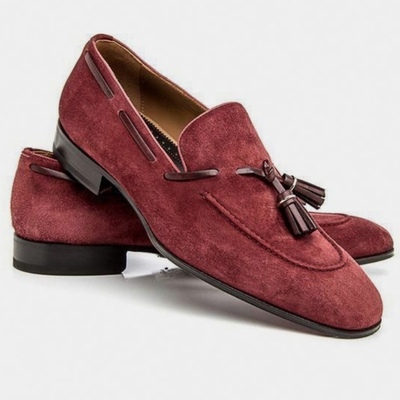 Handmade burgundy stylish suede tassels loafers formal men dressing wear