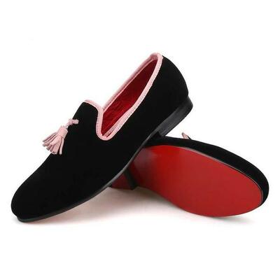 New handmade men's black velvet with pink tassel prom wedding flat