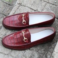 Crafted Leather Burgundy Color Crocodile Texture Horse bit Loafers Dress Shoes - Thumbnail 1