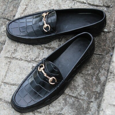Crafted leather black crocodile texture leather horsebit moccasin loafer dress shoes - Thumbnail 4