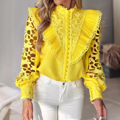 Elegant and sweet ruffled bubble sleeves slim shirt