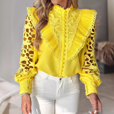 Elegant And Sweet Ruffled Bubble Sleeves Slim Shirt