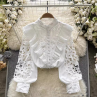 Elegant And Sweet Ruffled Bubble Sleeves Slim Shirt - Thumbnail 2