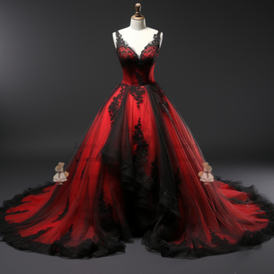 Red and Black Lace Applique Wedding Dress Robe De Mariage Plus Size Full-Length Bridal Gown Prom Dress W3-2.34