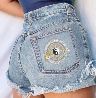 YIN YANG KINDNESS LOVE DENIM SHORTS