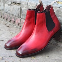 Crafted Leather Handmade Red Leather Fashion Men Chelsea Dress Boot - Thumbnail 4