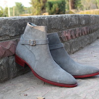 Crafted Leather Handmade Gray Suede Leather Jodhpur Boot - Thumbnail 6