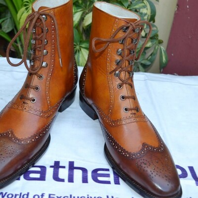 Crafted leather brown leather dress shoes men wingtip ankle high boot - Thumbnail 3