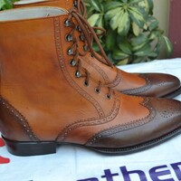 Crafted Leather Brown Leather Dress Shoes Men Wingtip Ankle High Boot - Thumbnail 1