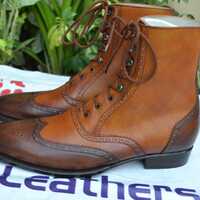 Crafted Leather Brown Leather Dress Shoes Men Wingtip Ankle High Boot - Thumbnail 2