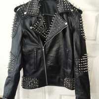 Crafted Leather Men Silver Studded Punk Rock Black Leather Jacket  - Thumbnail 2