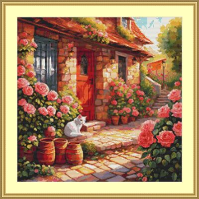 Cottage cat cross stitch pattern