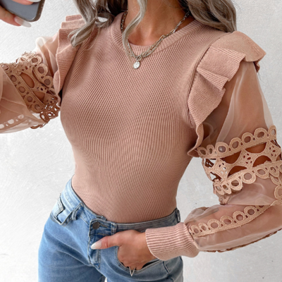 Long sleeved fashion women's lace splicing tops - Thumbnail 2