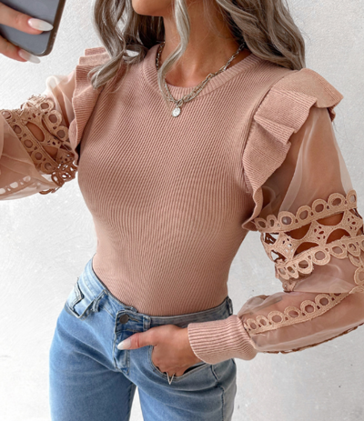Long Sleeved Fashion Women'S Lace Splicing Tops
