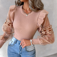 Long Sleeved Fashion Women'S Lace Splicing Tops - Thumbnail 3
