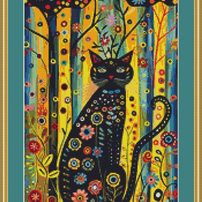 Cat in the forest cross stitch pattern
