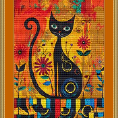 Cat in the flowers cross stitch pattern