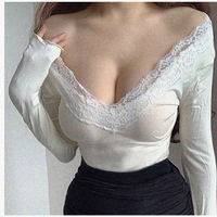 Retro fresh lace splicing sweet age-reducing deep V long-sleeved short T-shirt - Thumbnail 2