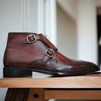 Ankle High Burgundy Double Buckle Brogue Leather Boot For Men's - Thumbnail 1
