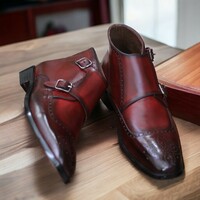 Ankle High Burgundy Double Buckle Brogue Leather Boot For Men's - Thumbnail 3