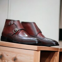 Ankle High Burgundy Double Buckle Brogue Leather Boot For Men's - Thumbnail 4