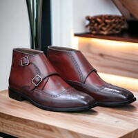 Ankle High Burgundy Double Buckle Brogue Leather Boot For Men's - Thumbnail 6