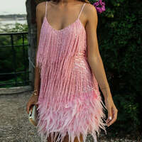 Shimmery Sequin Fringed Feather Slip Mini Dress - Pink Eras Tour Outfit Idea - Thumbnail 4