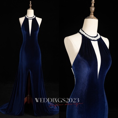Velvet Backless V-neck Mermaid Evening Gown with Crystal Chain Back 2024