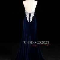Velvet Backless V-neck Mermaid Evening Gown with Crystal Chain Back 2024 - Thumbnail 3