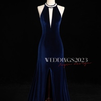 Velvet Backless V-neck Mermaid Evening Gown with Crystal Chain Back 2024 - Thumbnail 4