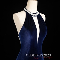 Velvet Backless V-neck Mermaid Evening Gown with Crystal Chain Back 2024 - Thumbnail 5