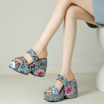 Boho Ethinic Paisley Flower Heeled Sandals