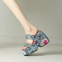 Boho Ethinic Paisley Flower Heeled Sandals - Thumbnail 1